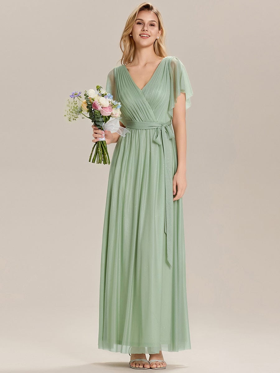 Tie-Waist Diamond Linen Ruffle Sleeve Bridesmaid Dress #color_Mint Green