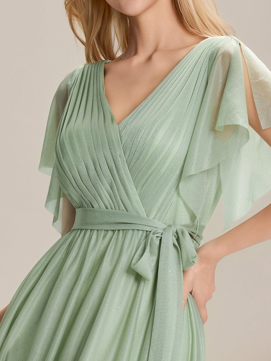 Tie-Waist Diamond Linen Ruffle Sleeve Bridesmaid Dress #color_Mint Green