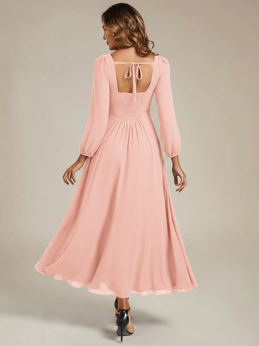 See-through Chiffon Lantern Sleeve Bridesmaid Dress #color_Pink