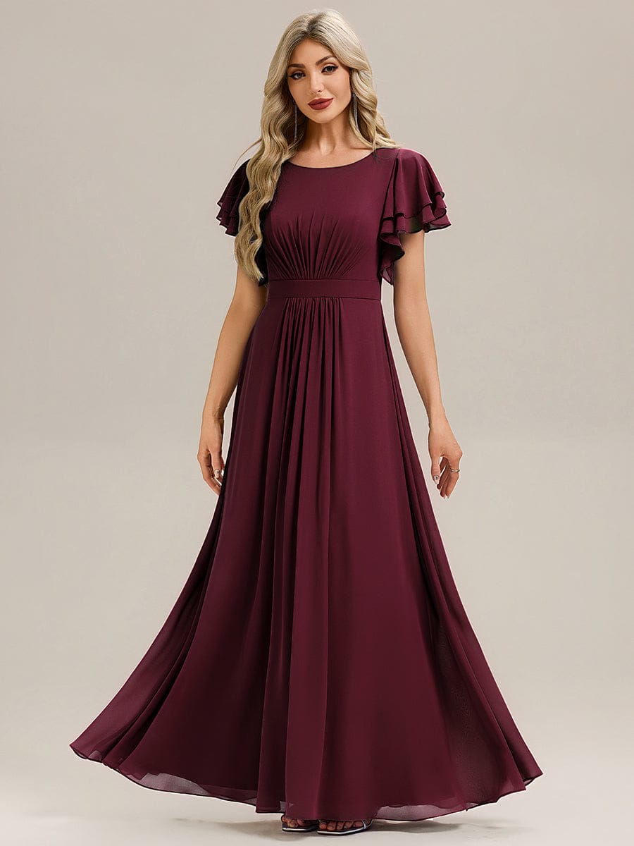 Ruffled Chiffon Ruffle Sleeve Bridesmaid Dress #color_Burgundy