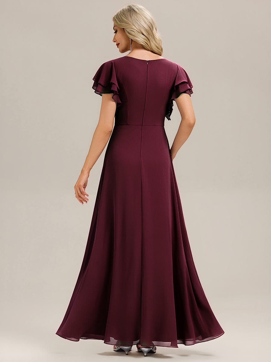 Ruffled Chiffon Ruffle Sleeve Bridesmaid Dress #color_Burgundy
