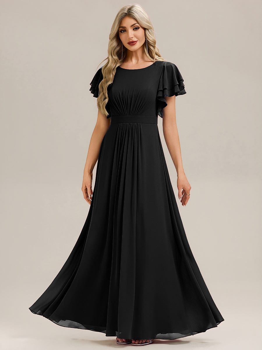 Ruffled Chiffon Ruffle Sleeve Bridesmaid Dress #color_Black
