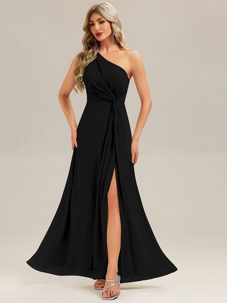 Gathered Chiffon Sleeveless Bridesmaid Dress #color_Black