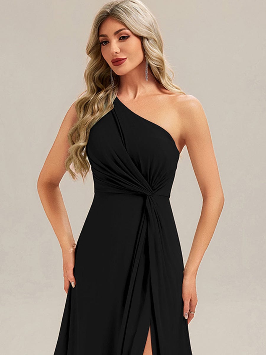 Gathered Chiffon Sleeveless Bridesmaid Dress #color_Black