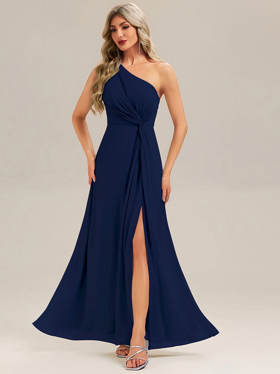 Gathered Chiffon Sleeveless Bridesmaid Dress #color_Navy Blue