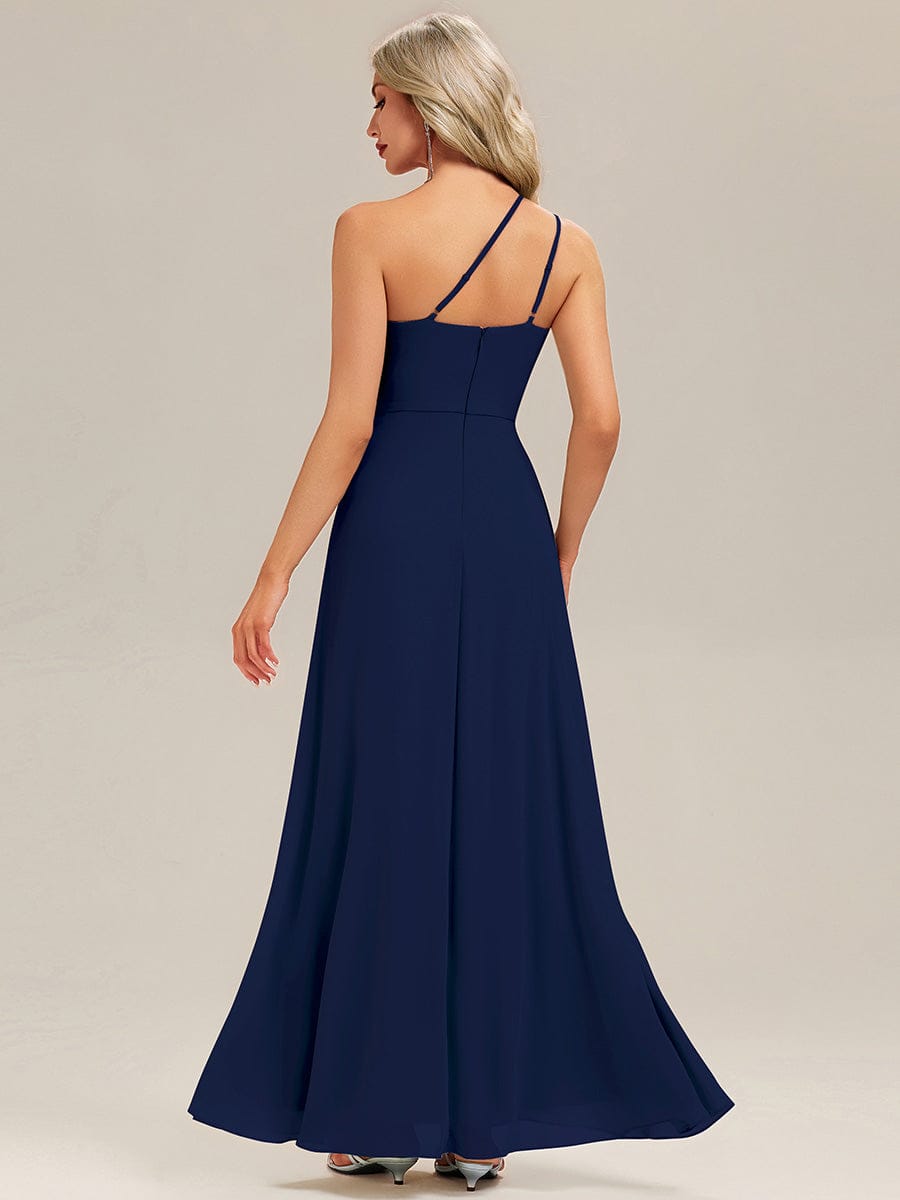 Gathered Chiffon Sleeveless Bridesmaid Dress #color_Navy Blue