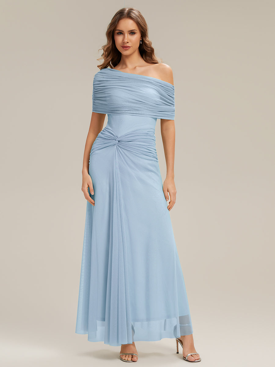 Tulle Off-the-shoulder Sleeve Bodycon Bridesmaid Dress #color_Ice Blue