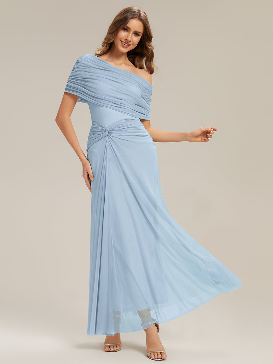 Tulle Off-the-shoulder Sleeve Bodycon Bridesmaid Dress #color_Ice Blue