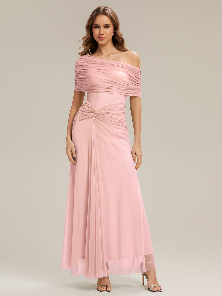 Tulle Off-the-shoulder Sleeve Bodycon Bridesmaid Dress #color_Pink