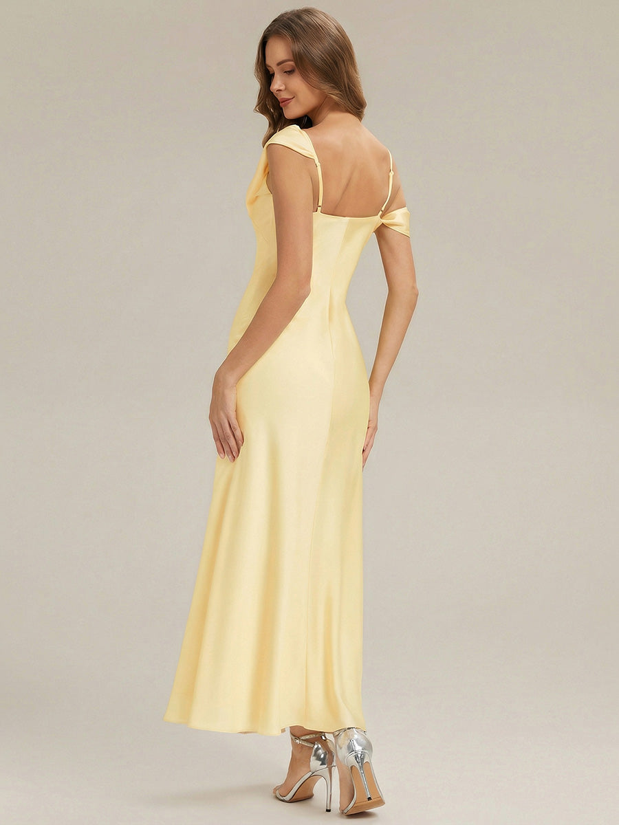 Cowl Neck Satin Drop Shoulder Sleeve Bridesmaid Dress #color_Yellow