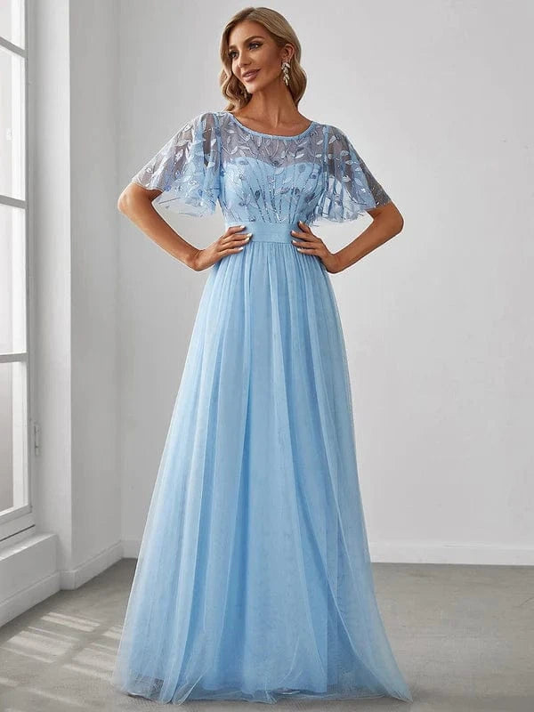 ever SAPHIR|Women's A-Line Short Sleeve Embroidery Floor Length Evening Dresses