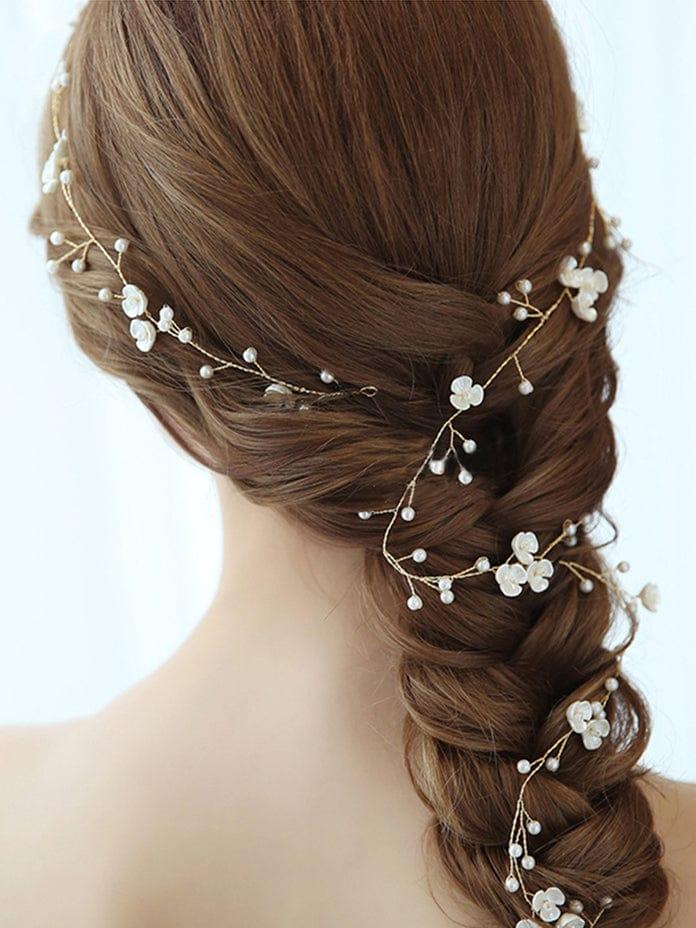 1-meter Long Handmade Pearl Braided Headband High-end Accessories #color_Gold 1-meter Long Handmade Pearl Braided Headband High-end Accessories