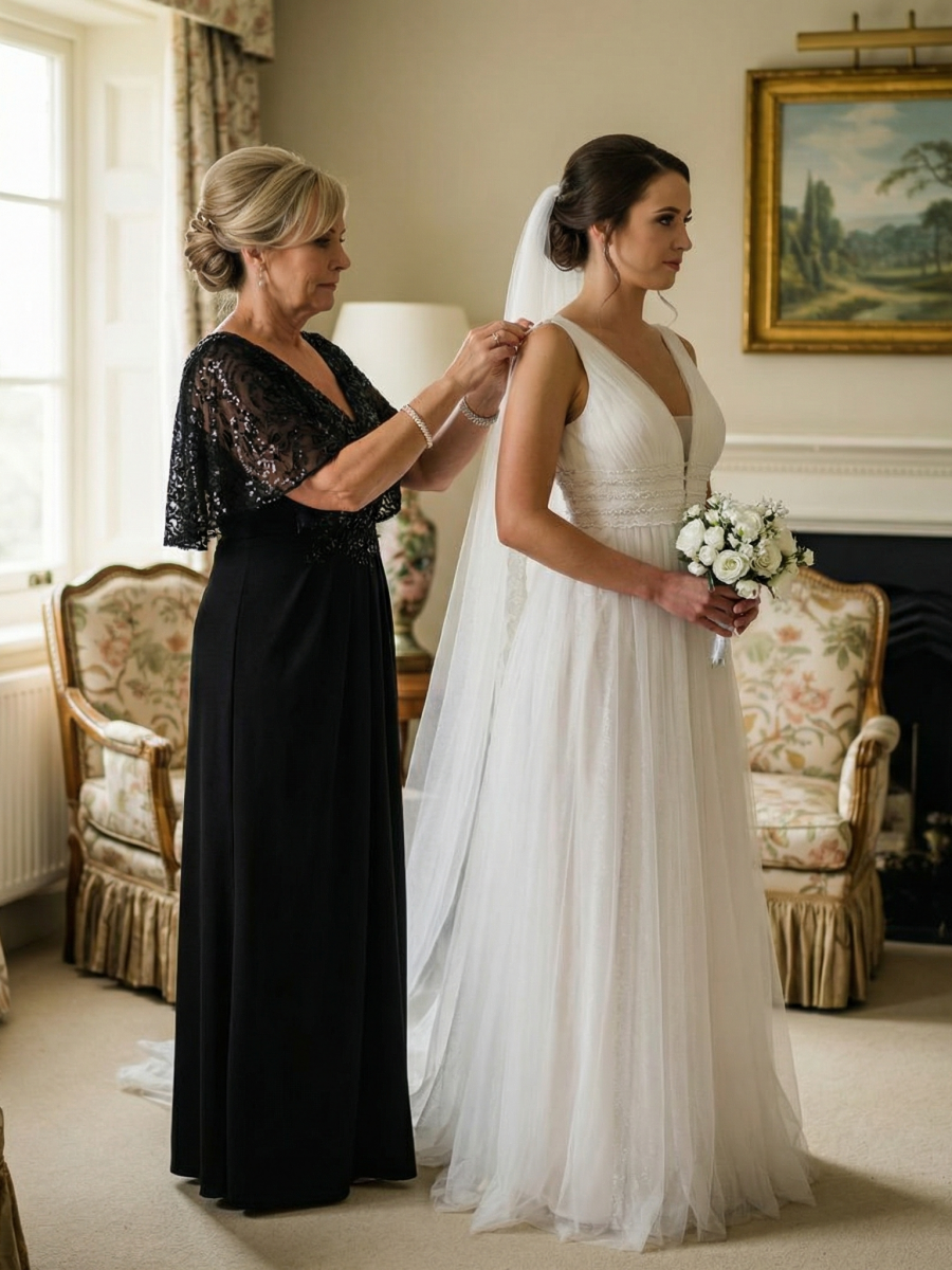 Double V-Neck Sequin Batwing Sleeve Evening Dress #color_Black