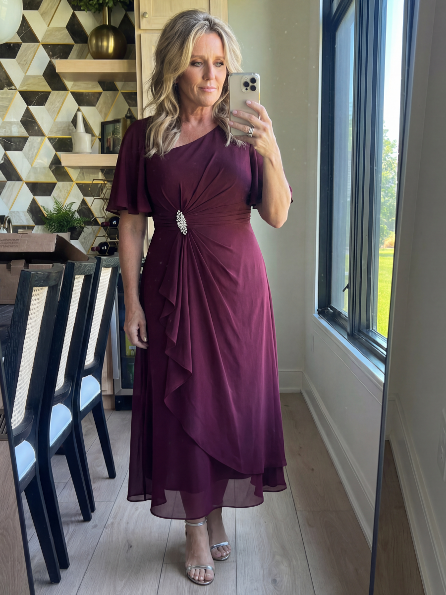 Plus Size Chiffon Ruffle Sleeve Formal Dress #color_Burgundy