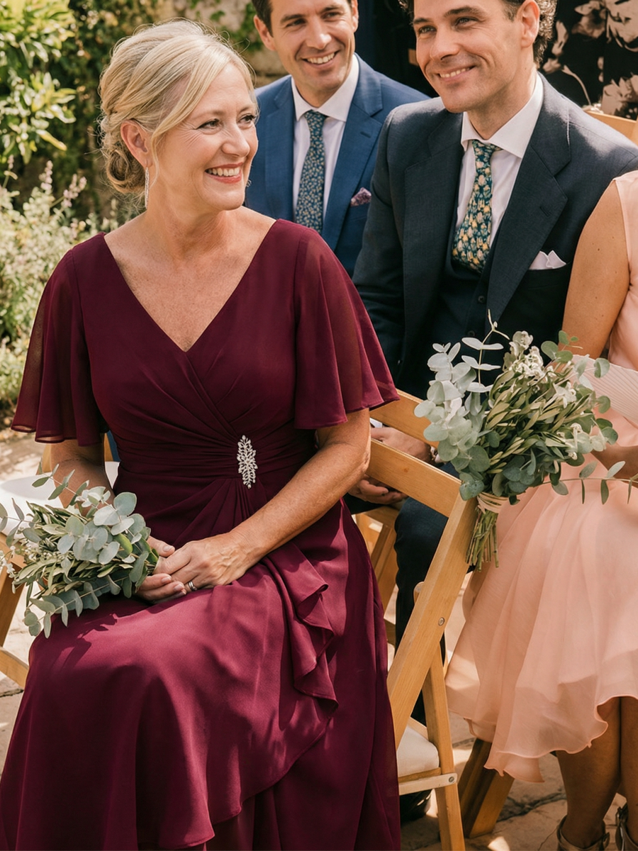 Ruffle Sleeve Chiffon Midi Mother of the Bride Dress #color_Burgundy