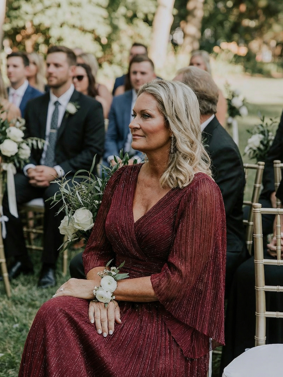 Glittery Empire Waist Batwing Sleeve Mother of the Bride Dress #color_Burgundy