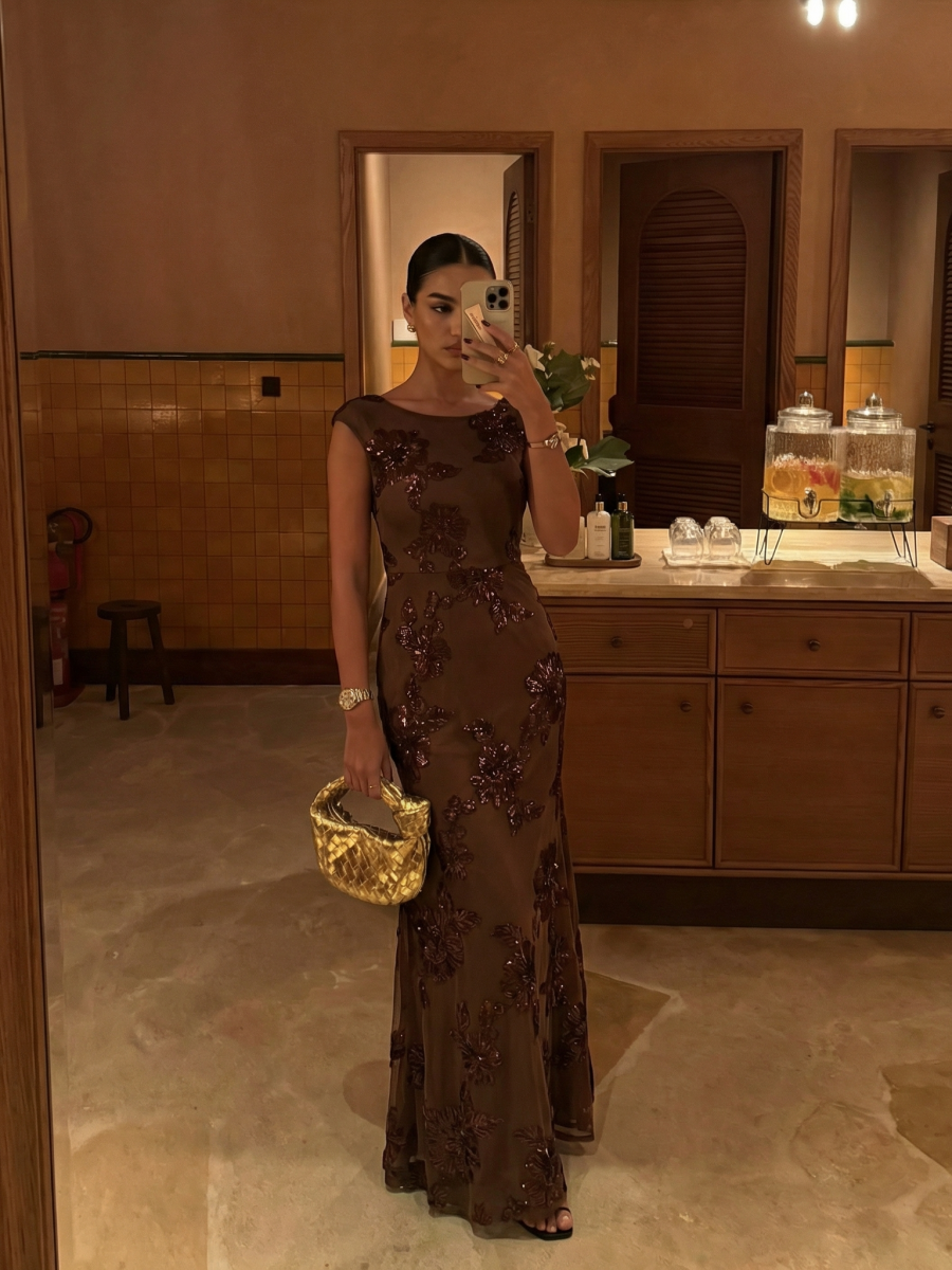 Jacquard bodycon Mermaid Evening Dress #color_Brown