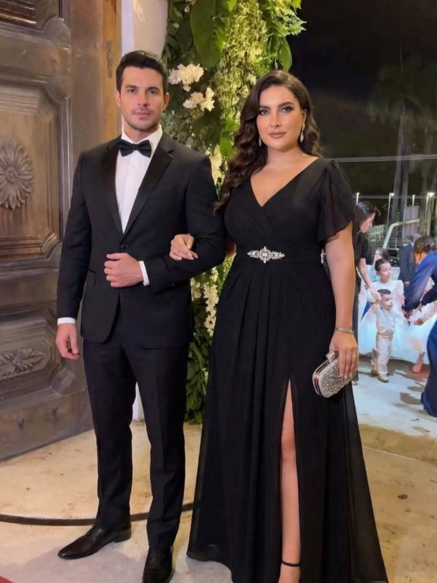 Plus Size Waist Decoration Chiffon A-Line Evening Dress #color_Black