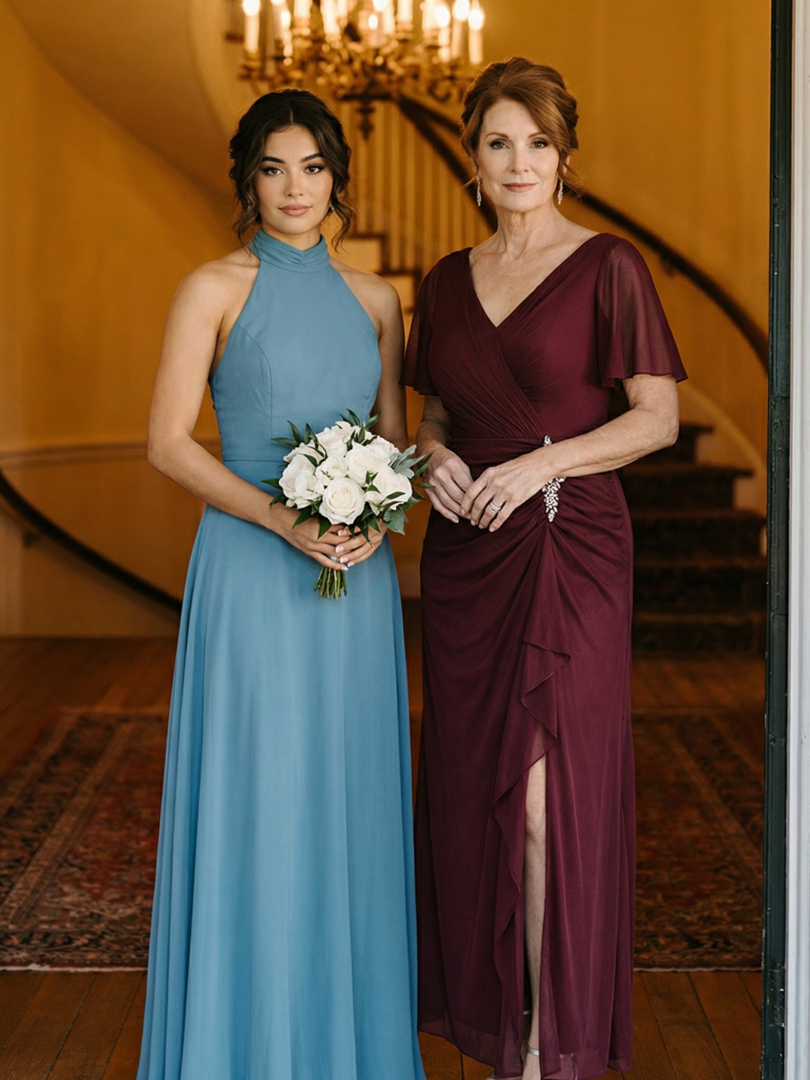 Rhinestone Embellished Chiffon Ruffle Sleeve Dress #color_Burgundy