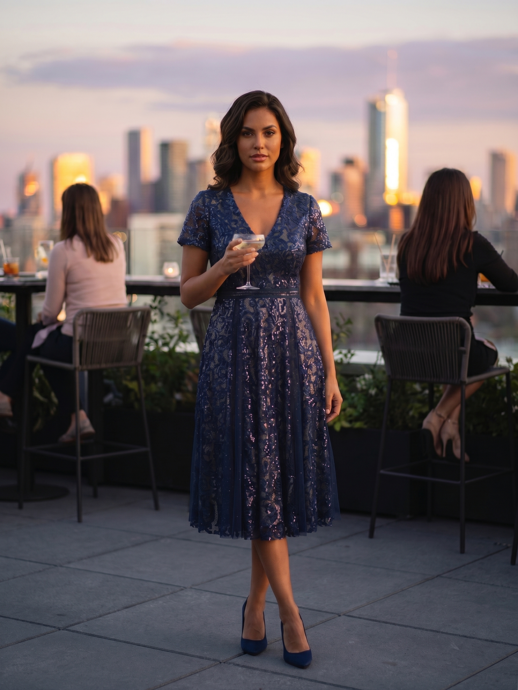 Lace Ruffle Sleeve A-Line Wedding Guest Dress #color_Navy Blue