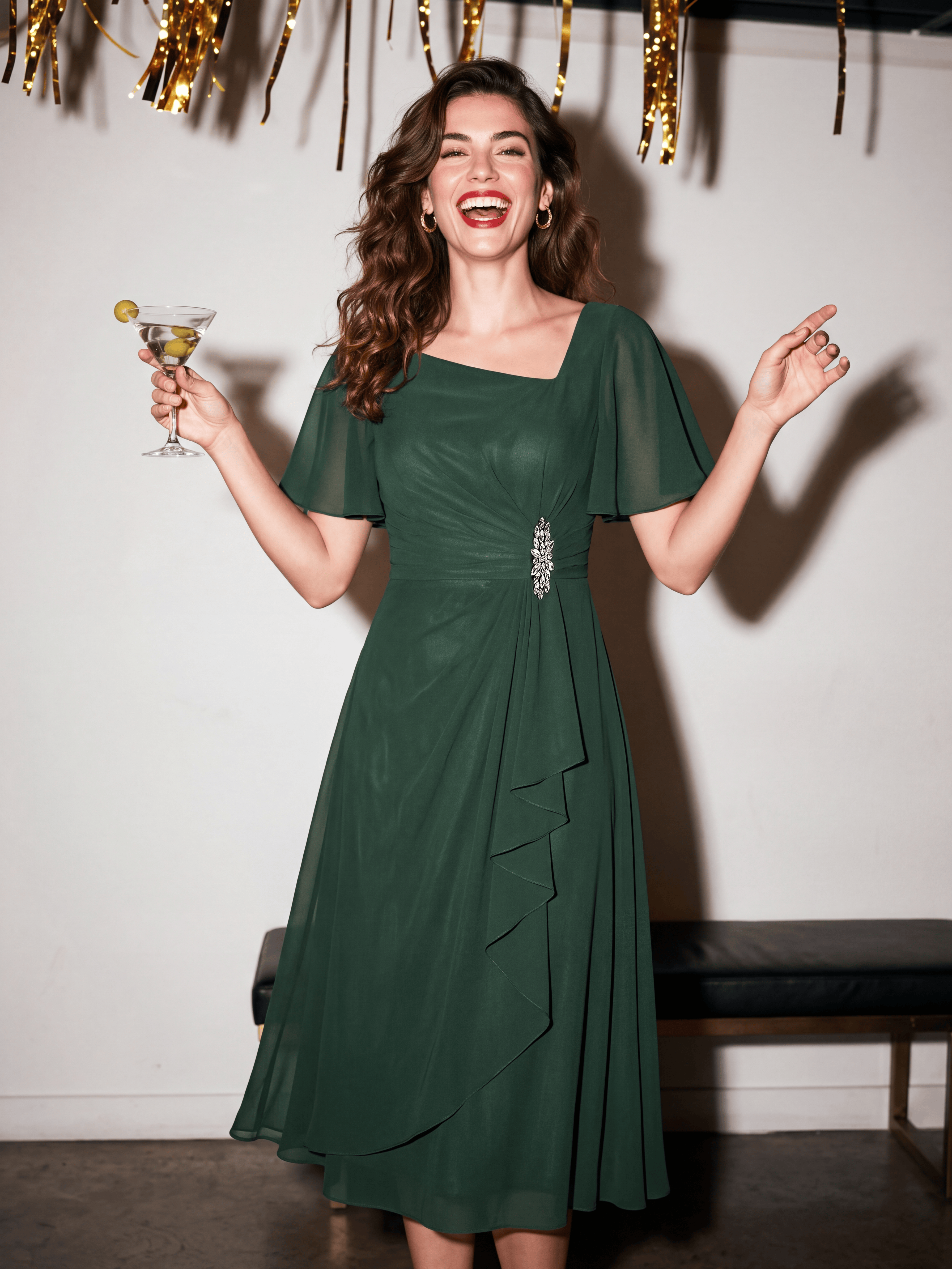 Elegant Chiffon Ruffle Sleeve Formal Dress #color_Dark Green