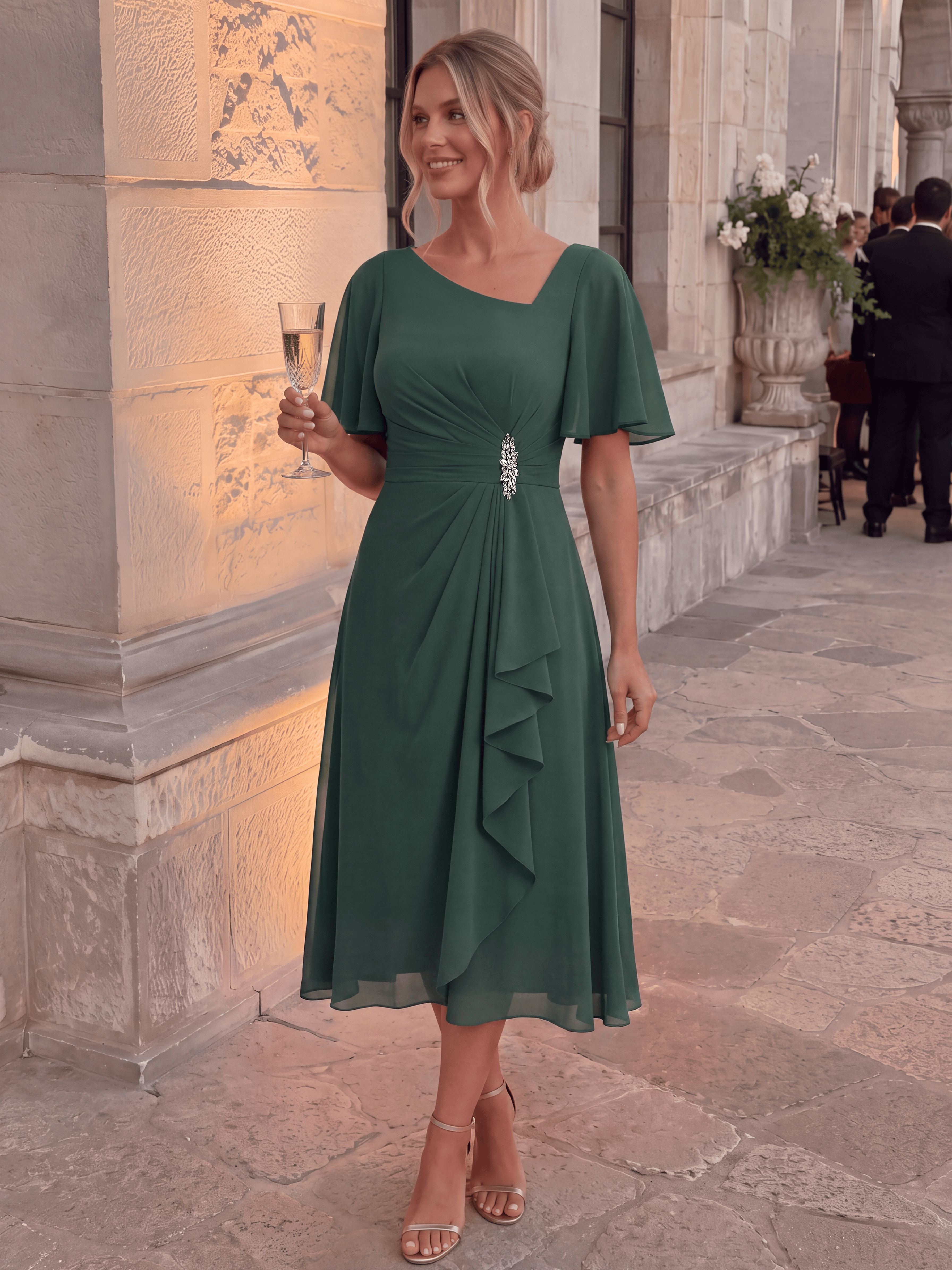 Pleated Chiffon Ruffle Sleeve Midi Dress #color_Eucalyptus