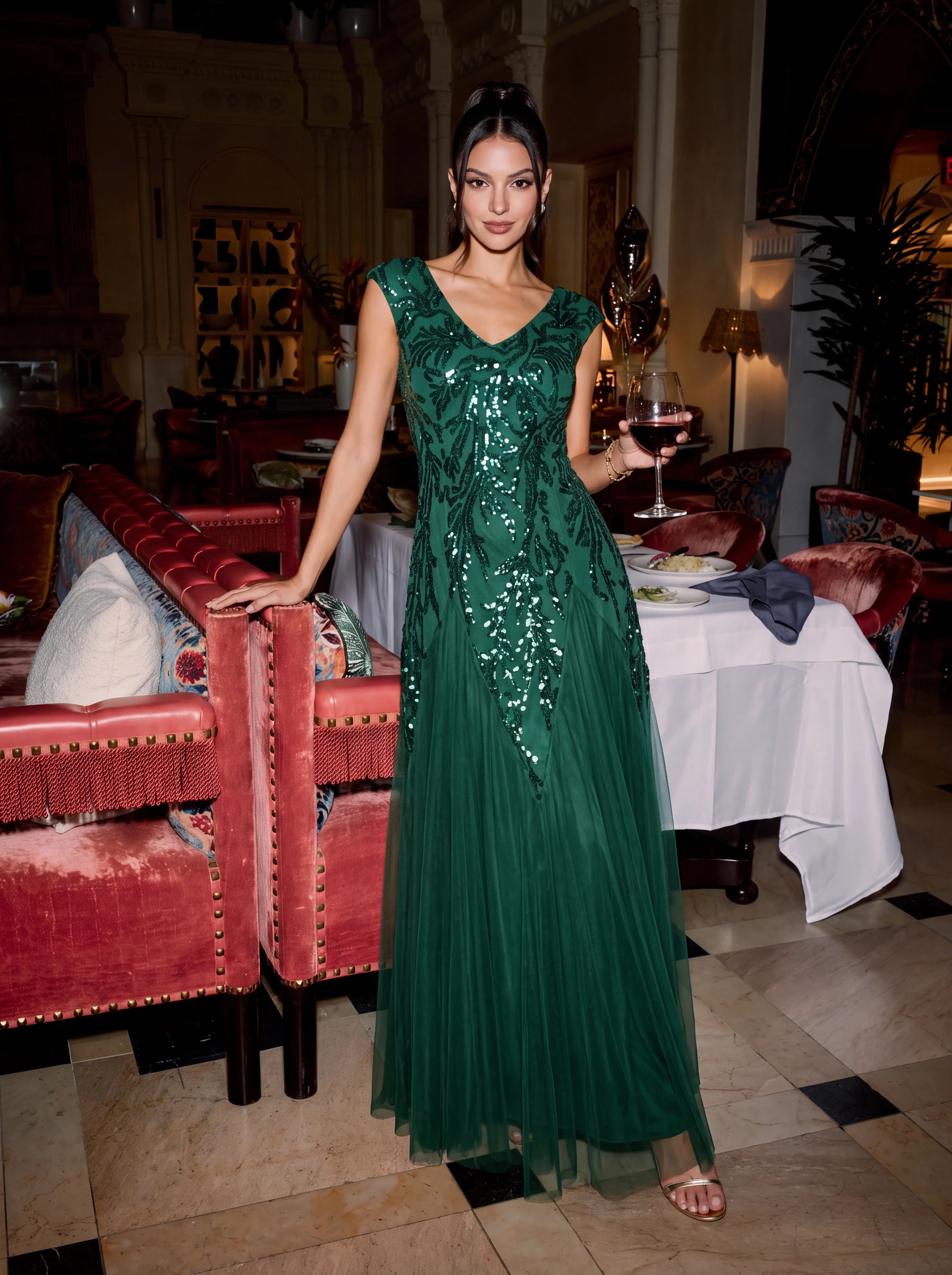 Glitter Embroidered Cap Sleeve High Stretch Mother of the Bride Dress #color_Dark Green