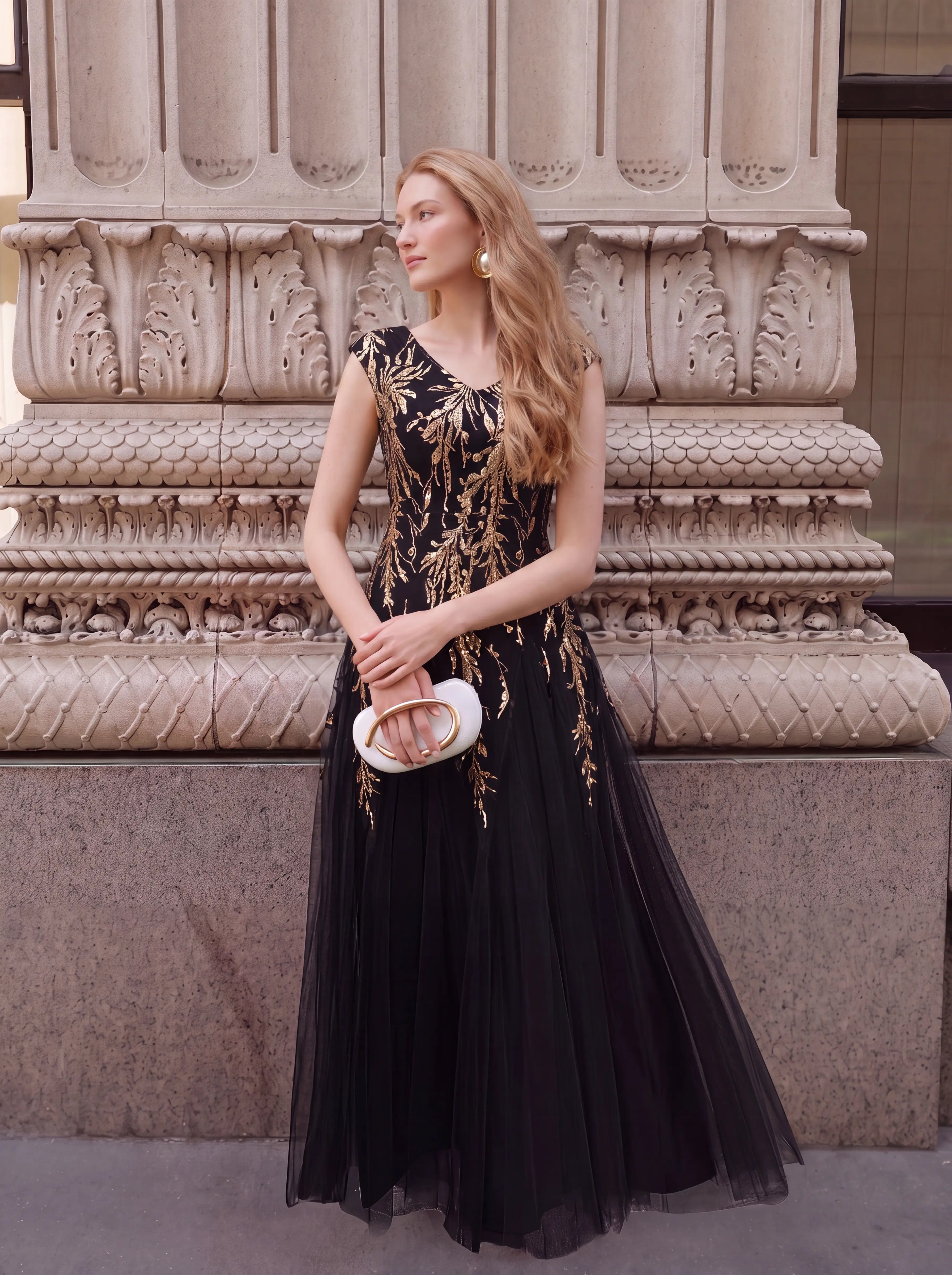 Glitter Embroidered Cap Sleeve High Stretch Mother of the Bride Dress #color_Black & Gold