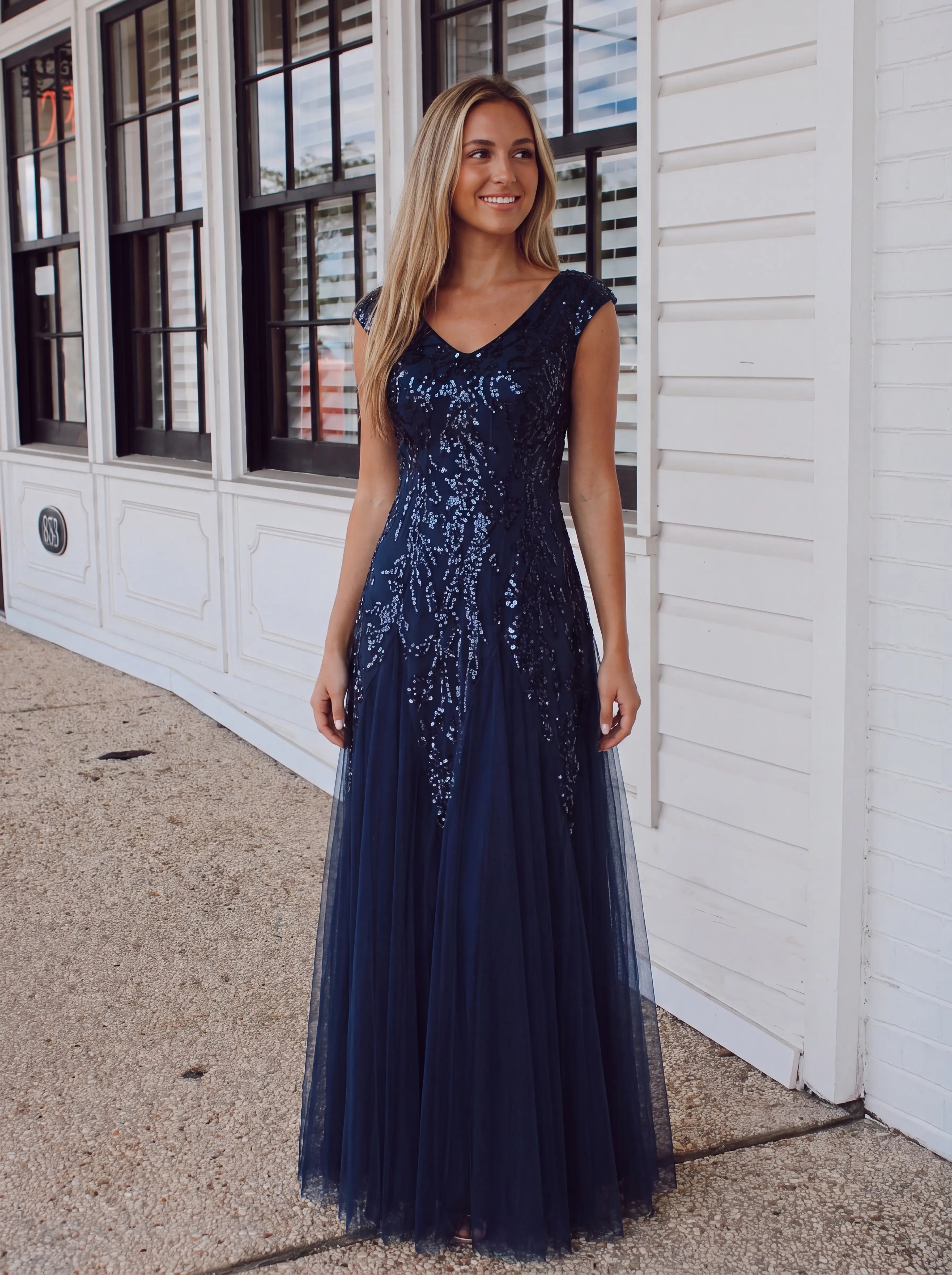 Glitter Embroidered Cap Sleeve High Stretch Mother of the Bride Dress #color_Navy Blue