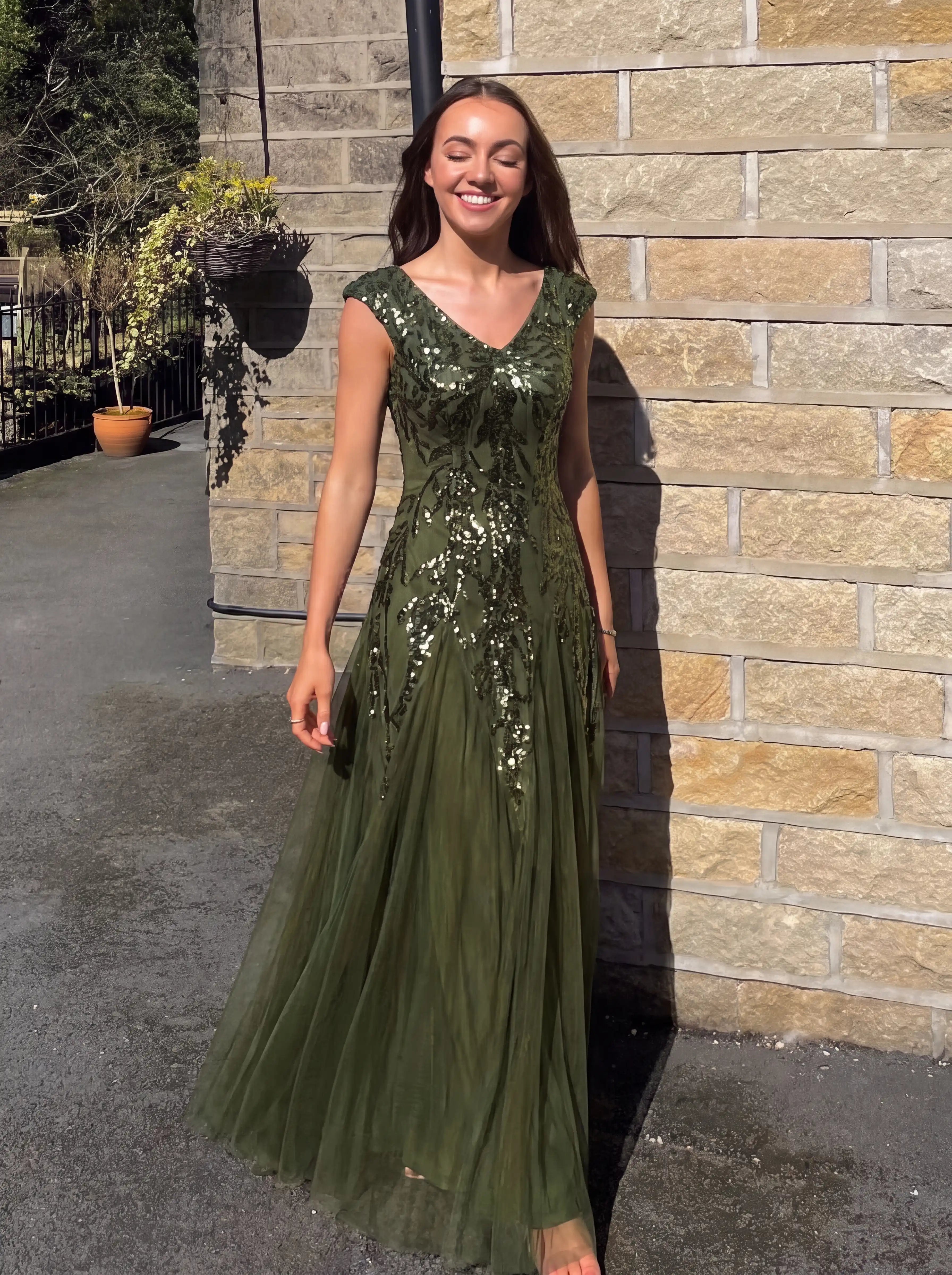 Glitter Embroidered Cap Sleeve High Stretch Mother of the Bride Dress #color_Olive Green