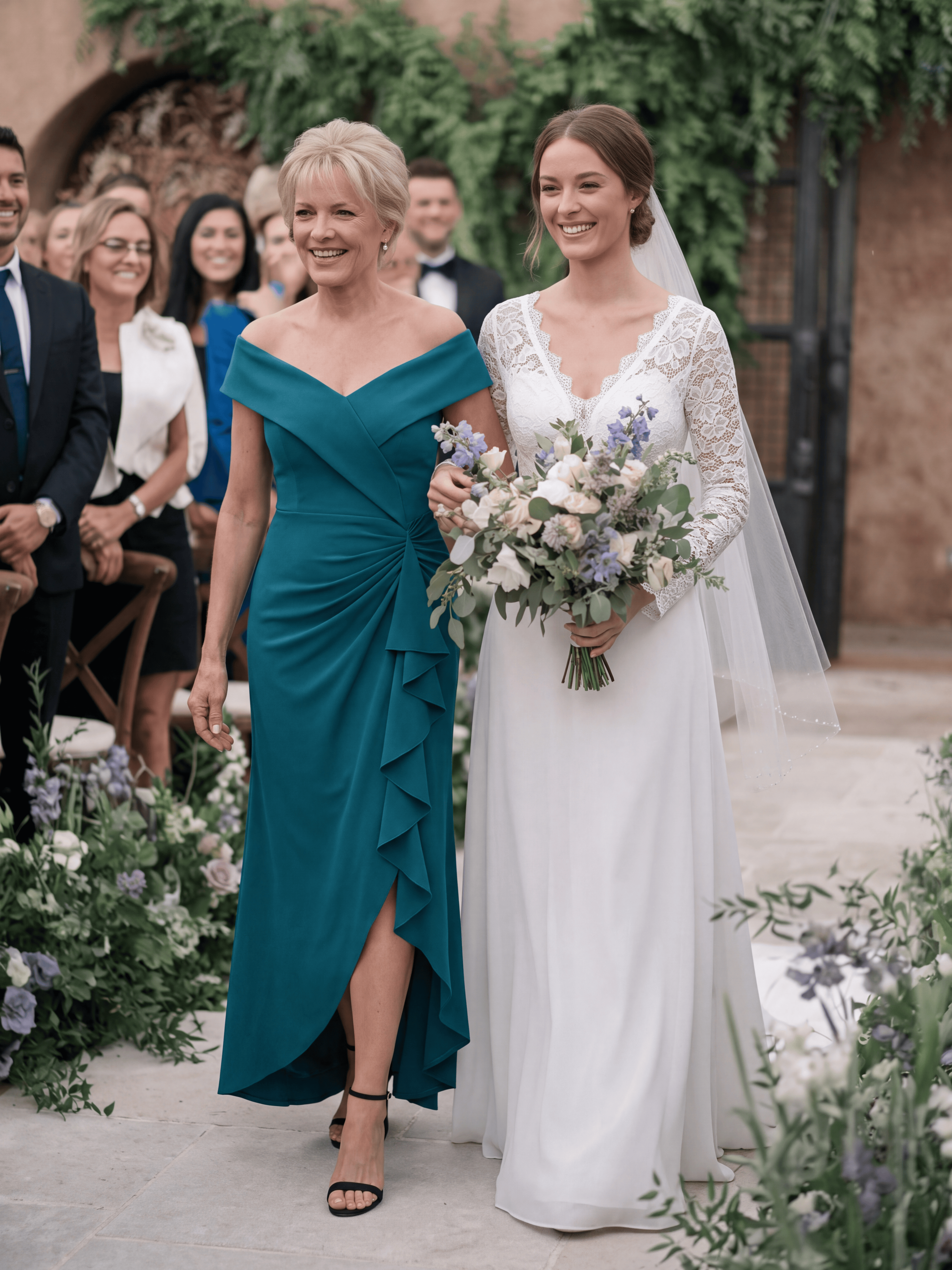 Ruffle Crepe Cap Sleeve Evening Dress #color_Teal Blue