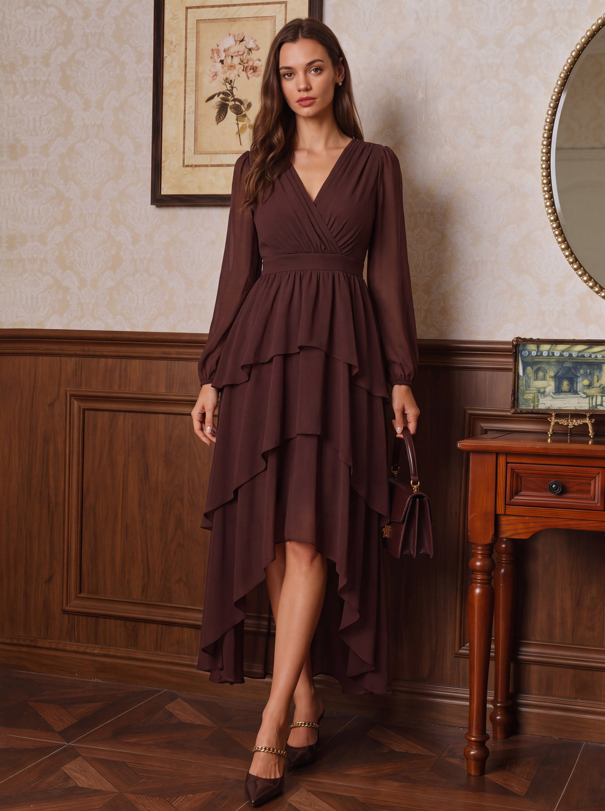 Chiffon Puff Sleeve A-Line Wedding Guest Dress #color_Chocolate Brown