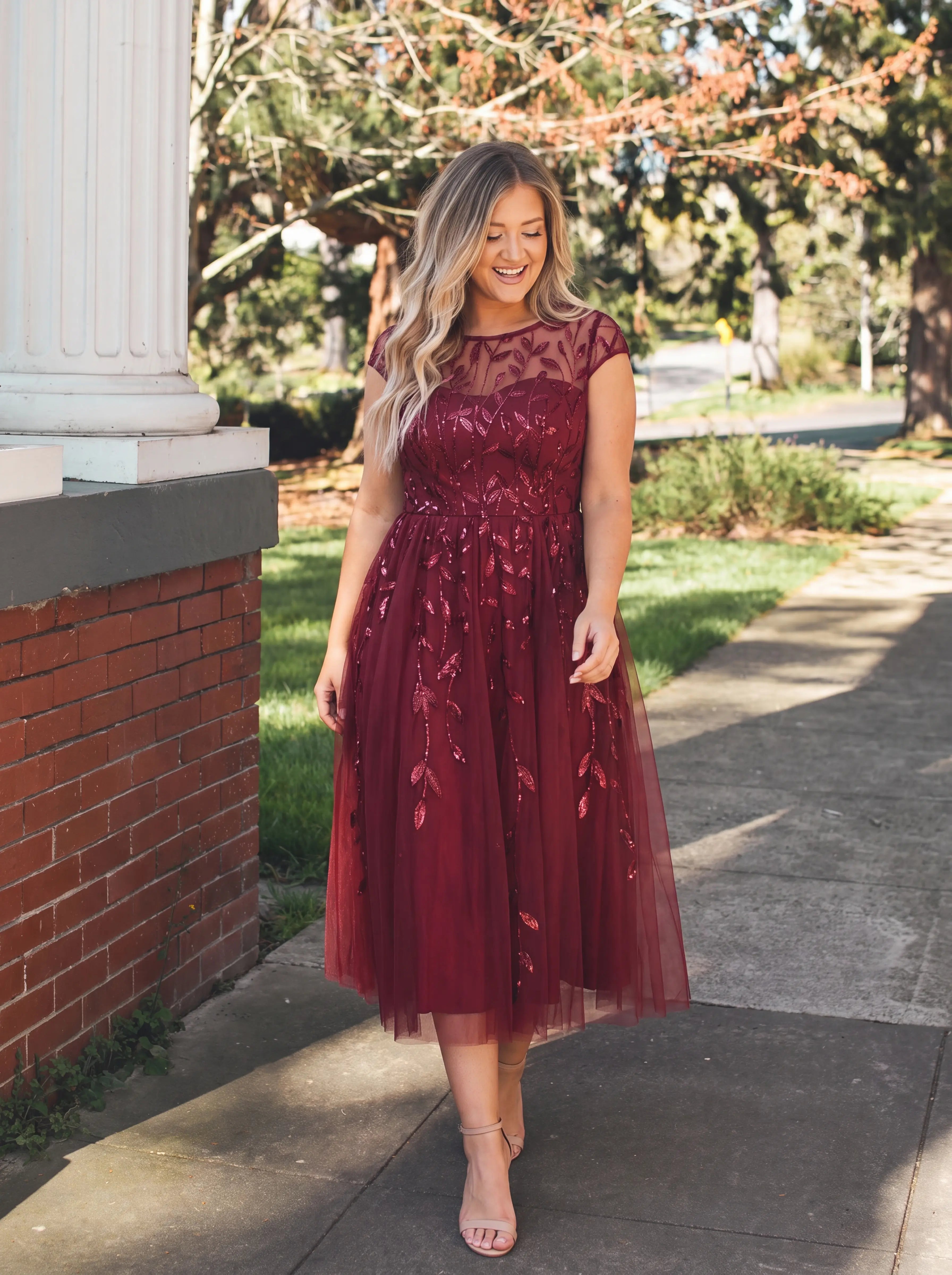 See-through Sequin Cap Sleeve Wedding Guest Dress #color_Burgundy