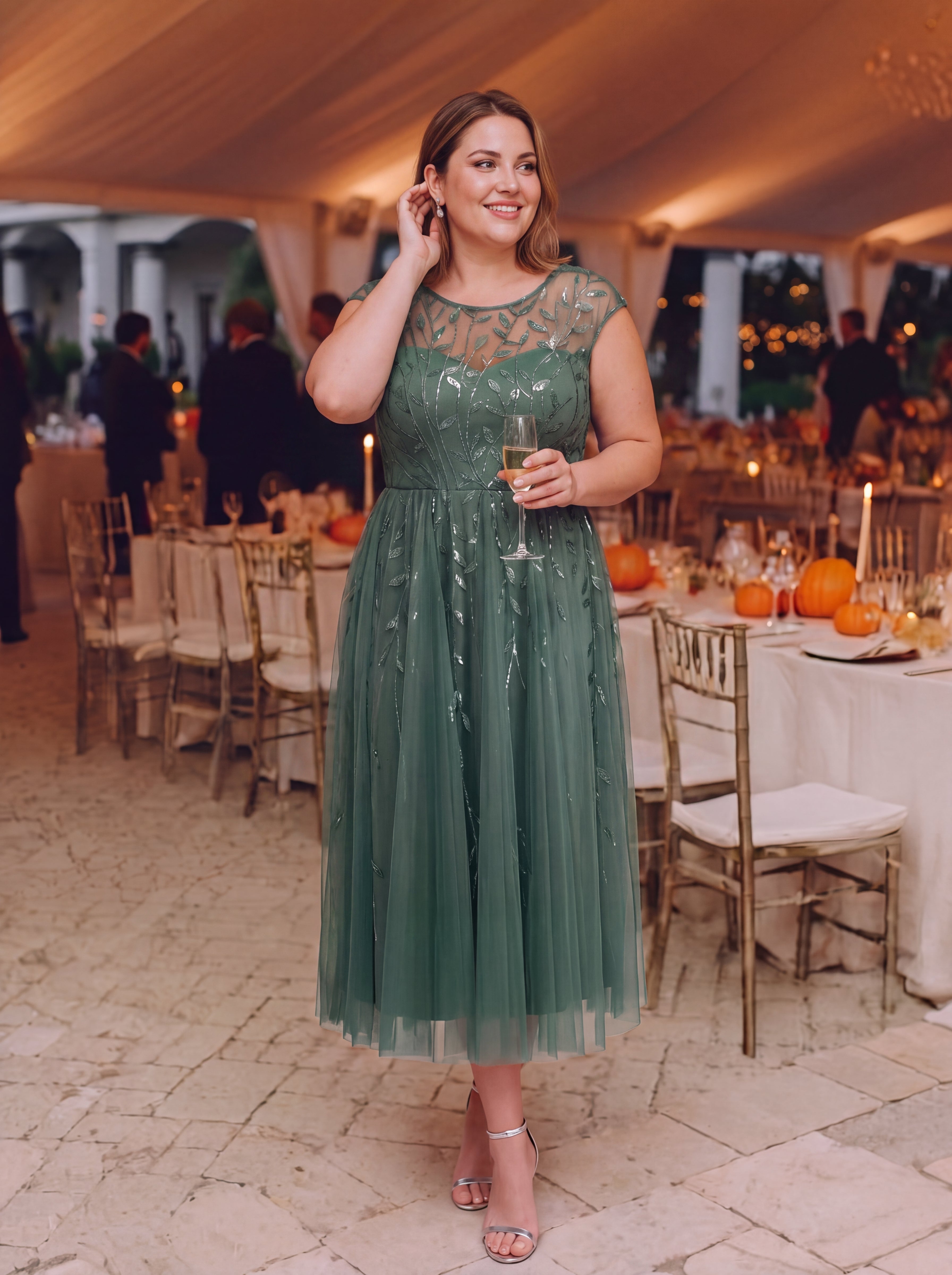Plus Size See-through Sequin Wedding Guest Dress #color_Eucalyptus