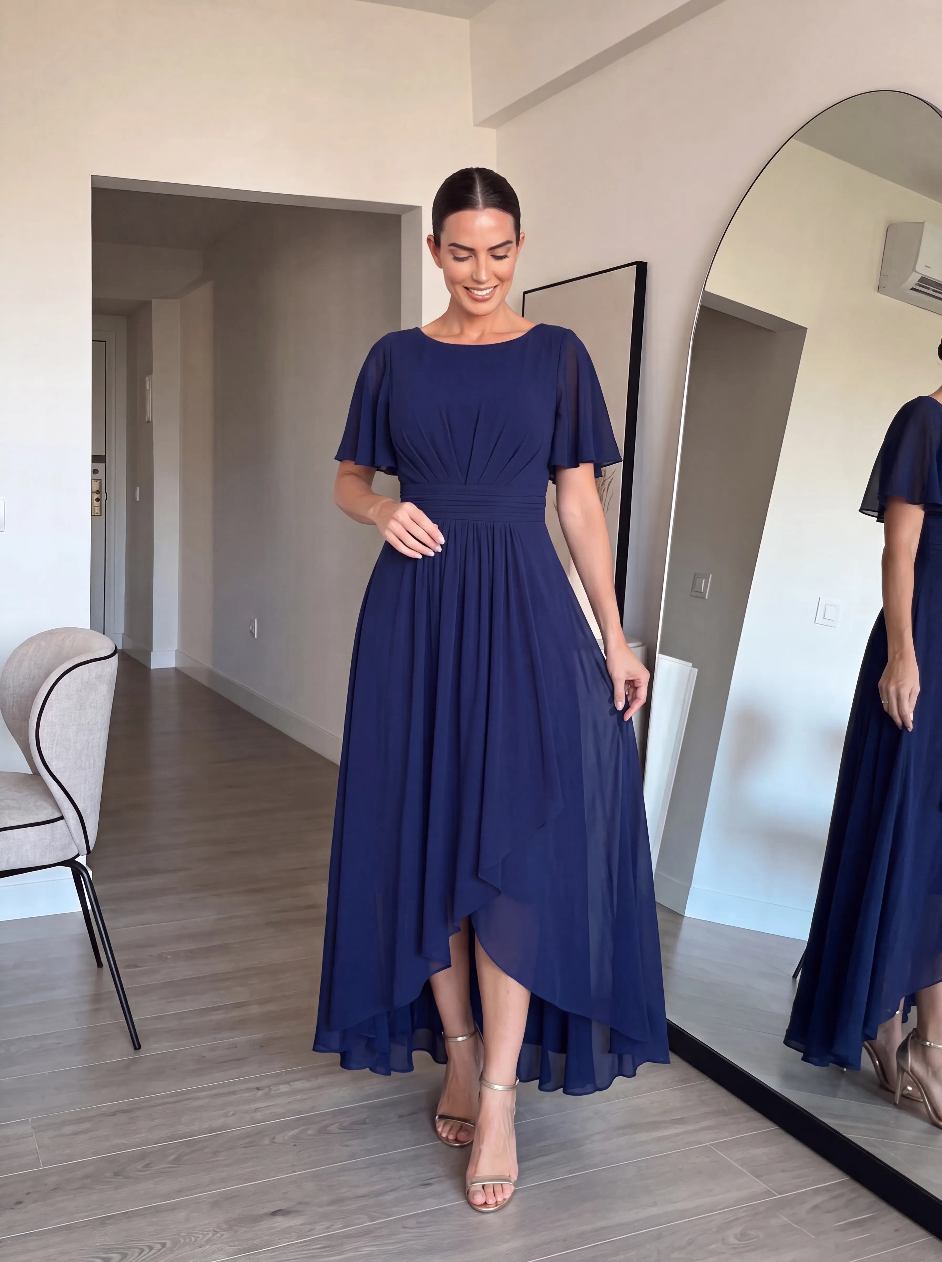 Chiffon Ruffle Short Sleeve Wedding Guest Dress #color_Navy Blue