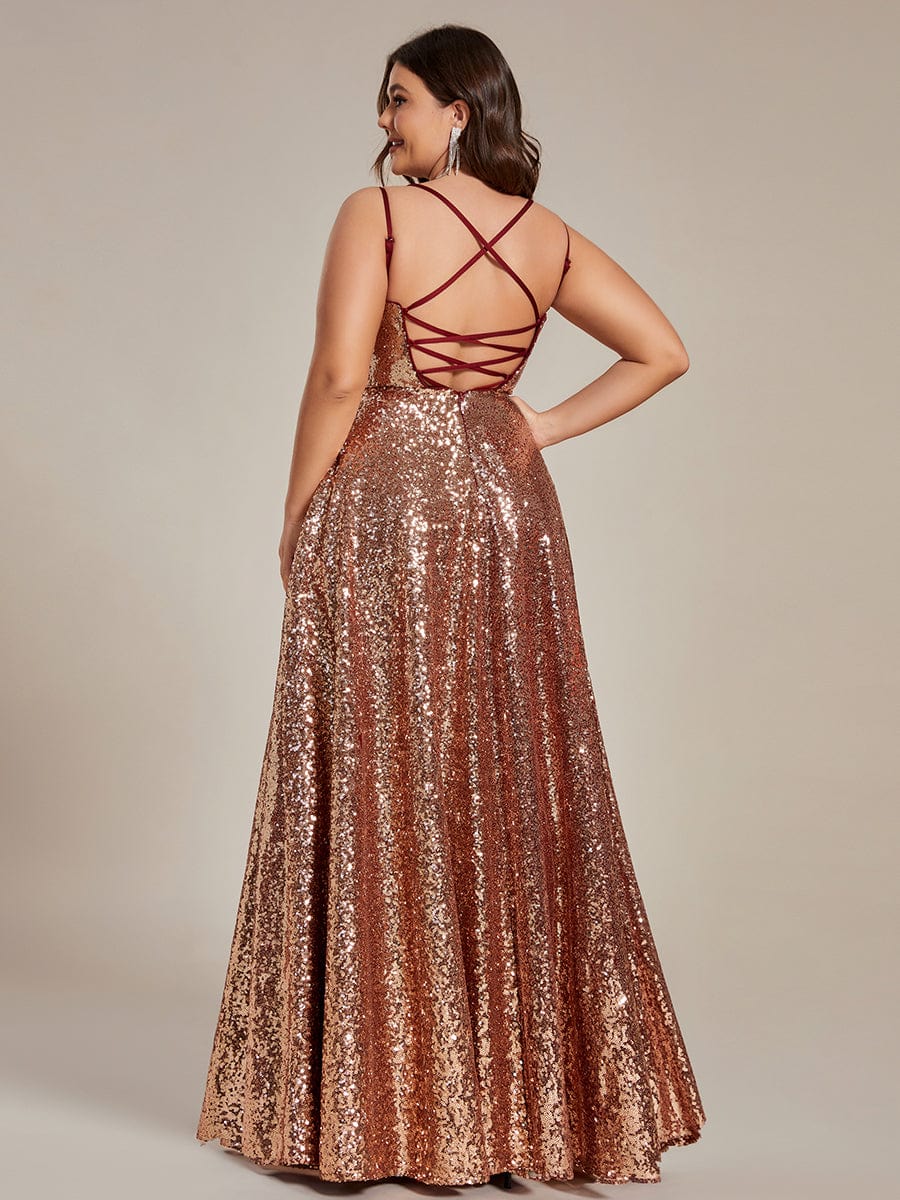 Custom Size Spaghetti Strap Corset Back Sequin Prom Dresses #Color_Rose Gold