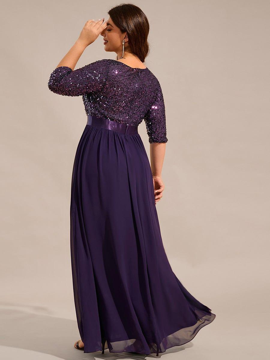 Sequin Round Neckline Dress with Chiffon #color_Dark Purple