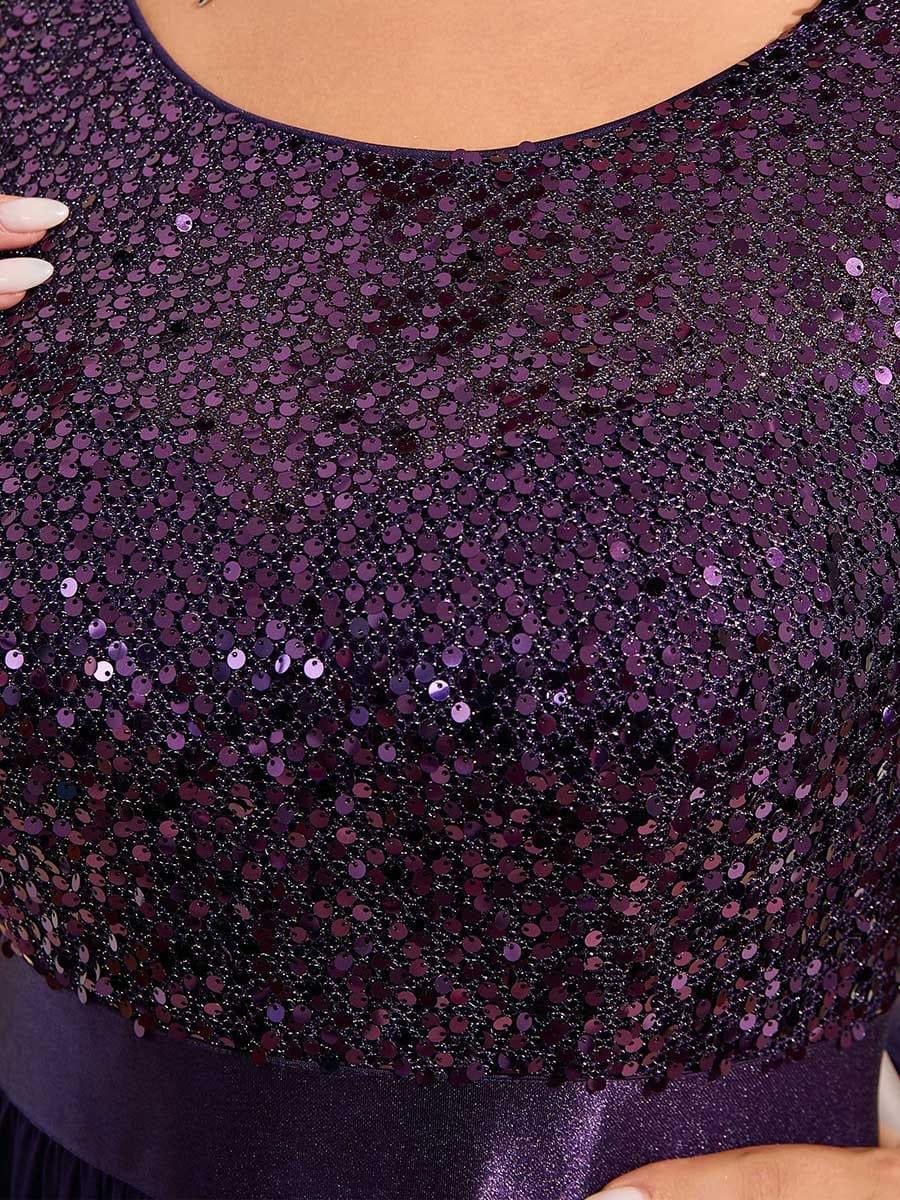 Sequin Round Neckline Dress with Chiffon #color_Dark Purple