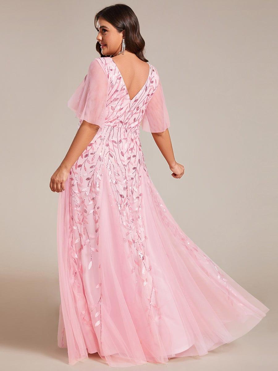 Elegant Ruffle Sleeves Maxi Sequin Mother of the Bride Dress #color_Pink
