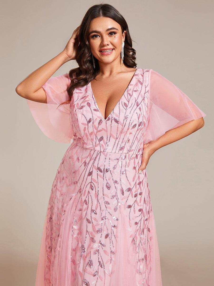 Elegant Ruffle Sleeves Maxi Sequin Mother of the Bride Dress #color_Pink