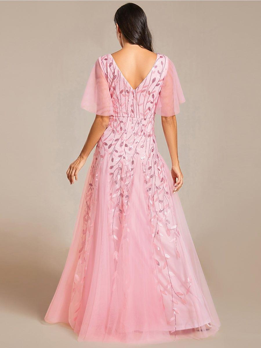 Elegant Ruffle Sleeves Maxi Sequin Mother of the Bride Dress #color_Pink
