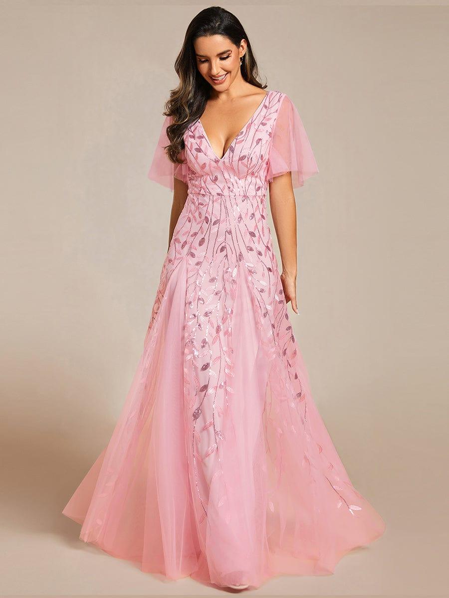 Elegant Ruffle Sleeves Maxi Sequin Mother of the Bride Dress #color_Pink
