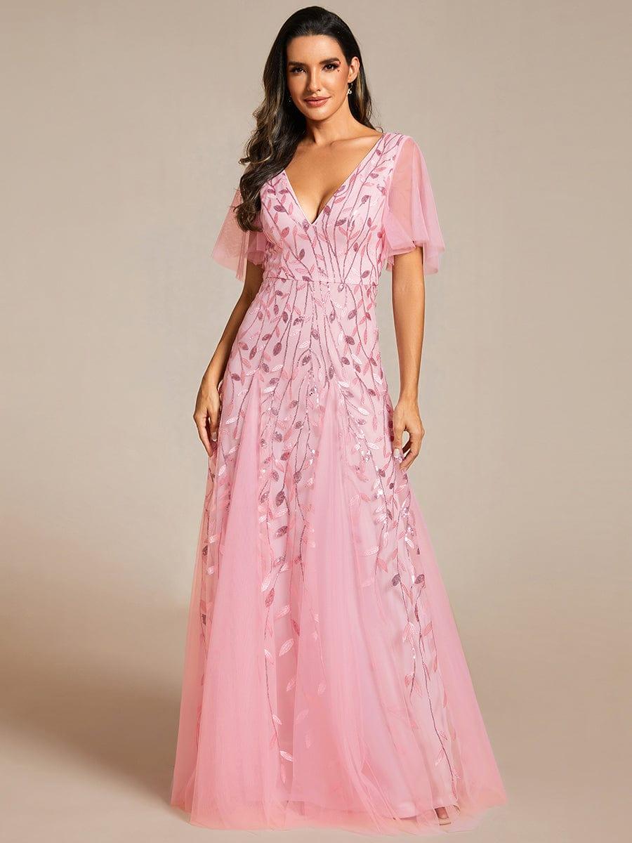 Elegant Ruffle Sleeves Maxi Sequin Mother of the Bride Dress #color_Pink