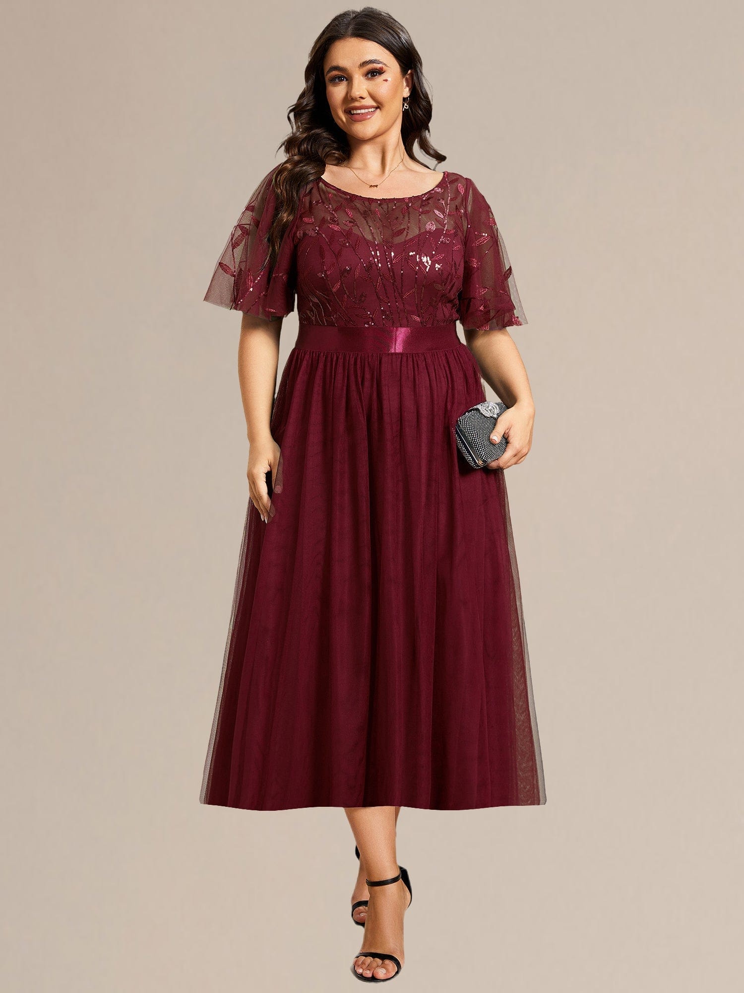 Plus Size Sequin Leaf Midi Evening Dresses #color_Burgundy