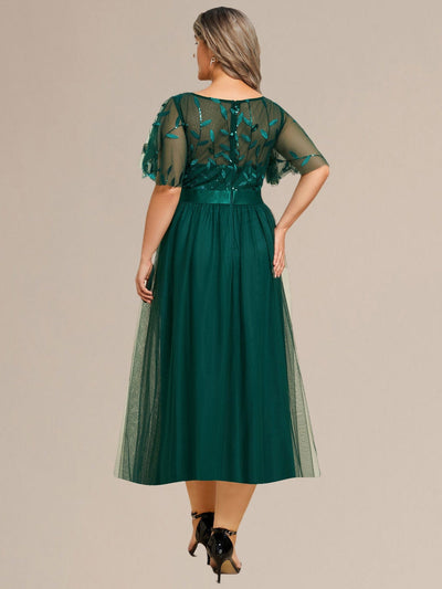 Plus Size Sequin Leaf Midi Evening Dresses #color_Dark Green