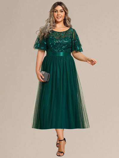 Plus Size Sequin Leaf Midi Evening Dresses #color_Dark Green