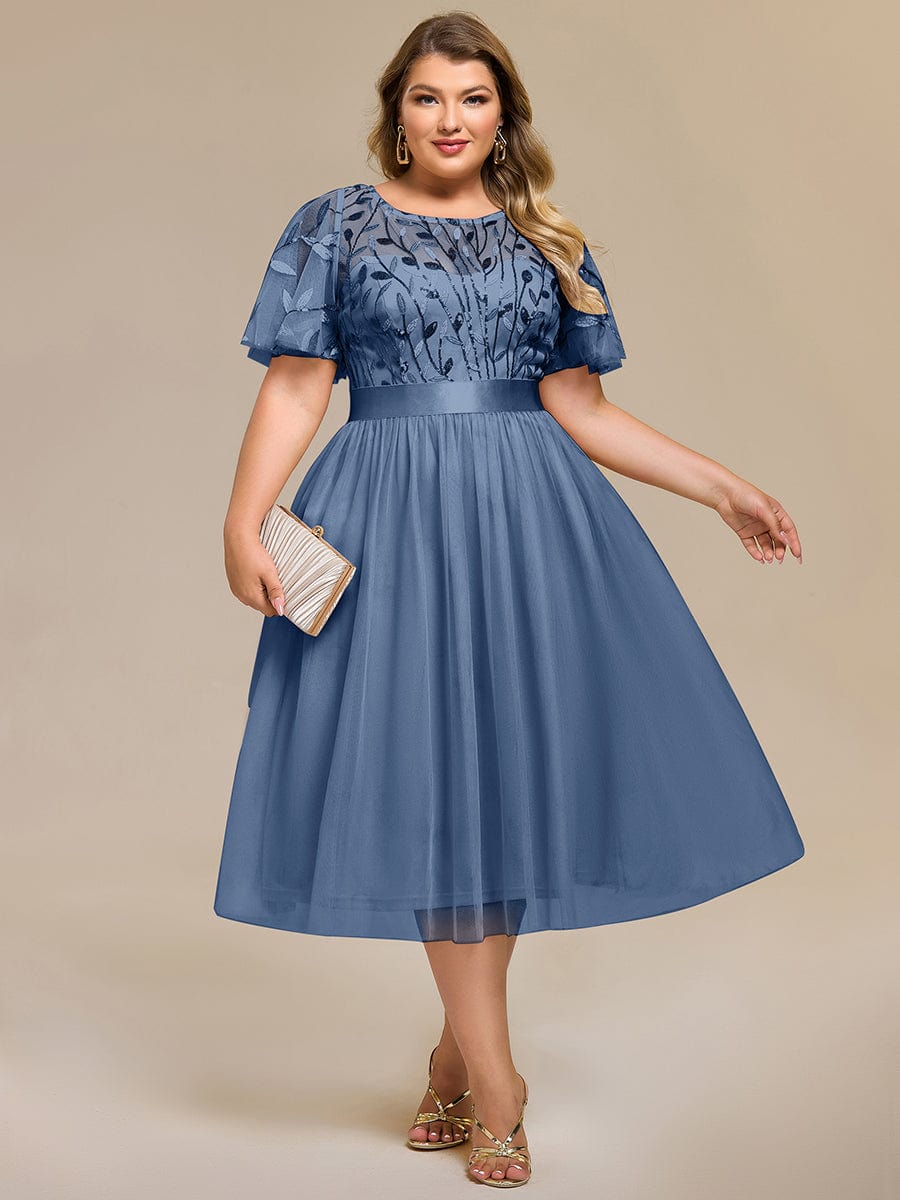 Plus Size Sequin Leaf Midi Evening Dresses #color_Dusty Blue