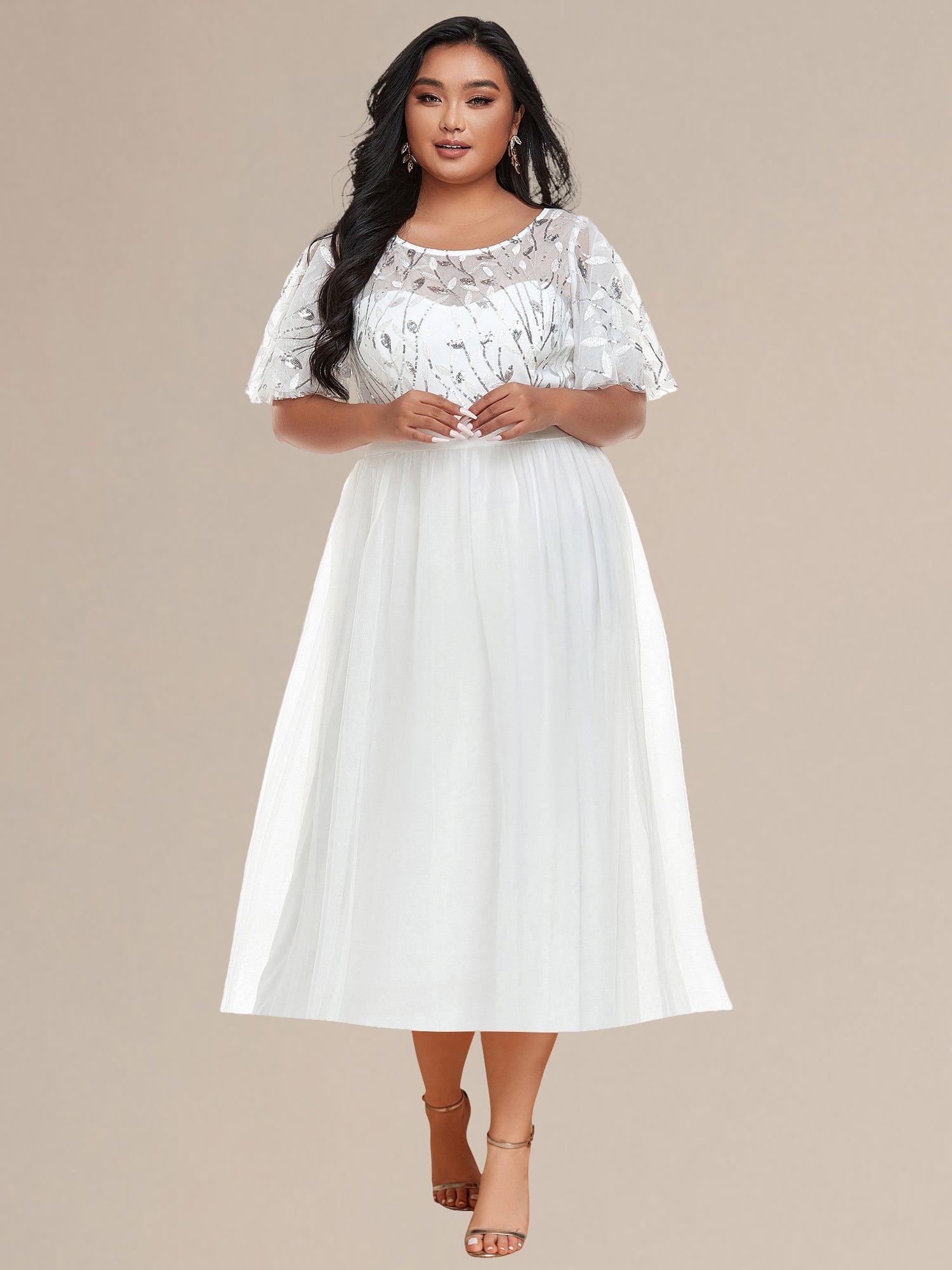 Plus Size Sequin Leaf Midi Evening Dresses #color_White