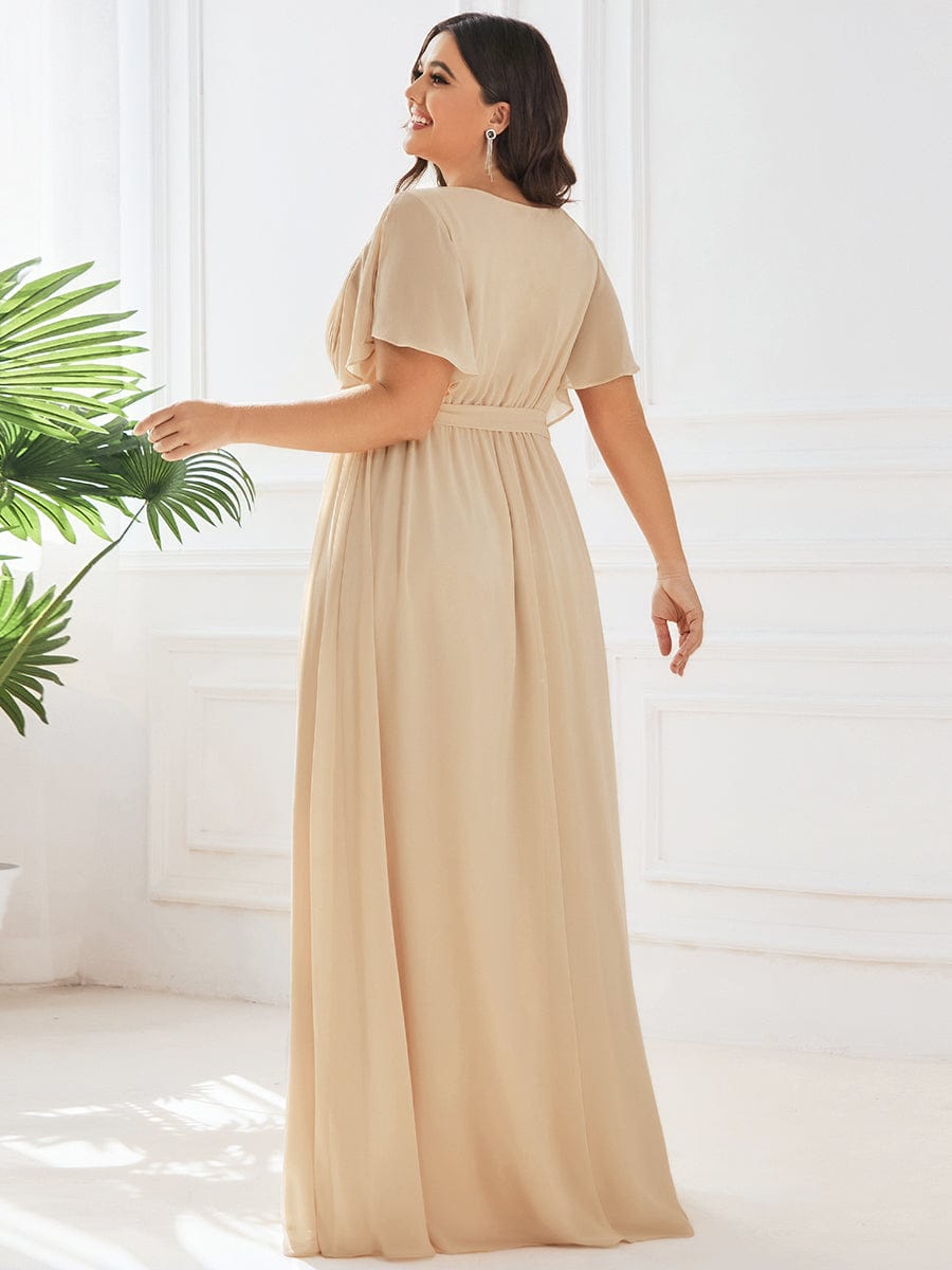 Plus Size Ruffle Pleated Chiffon Tie-Waist Evening Dress #color_Champagne
