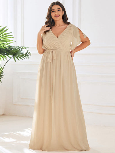 Plus Size Ruffle Pleated Chiffon Tie-Waist Evening Dress #color_Champagne
